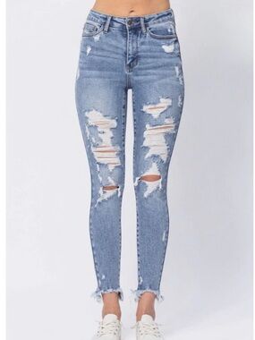 Judy Blue Distressed Skinny Jeans Size 11/30 High Rise Crop Stretch Denim